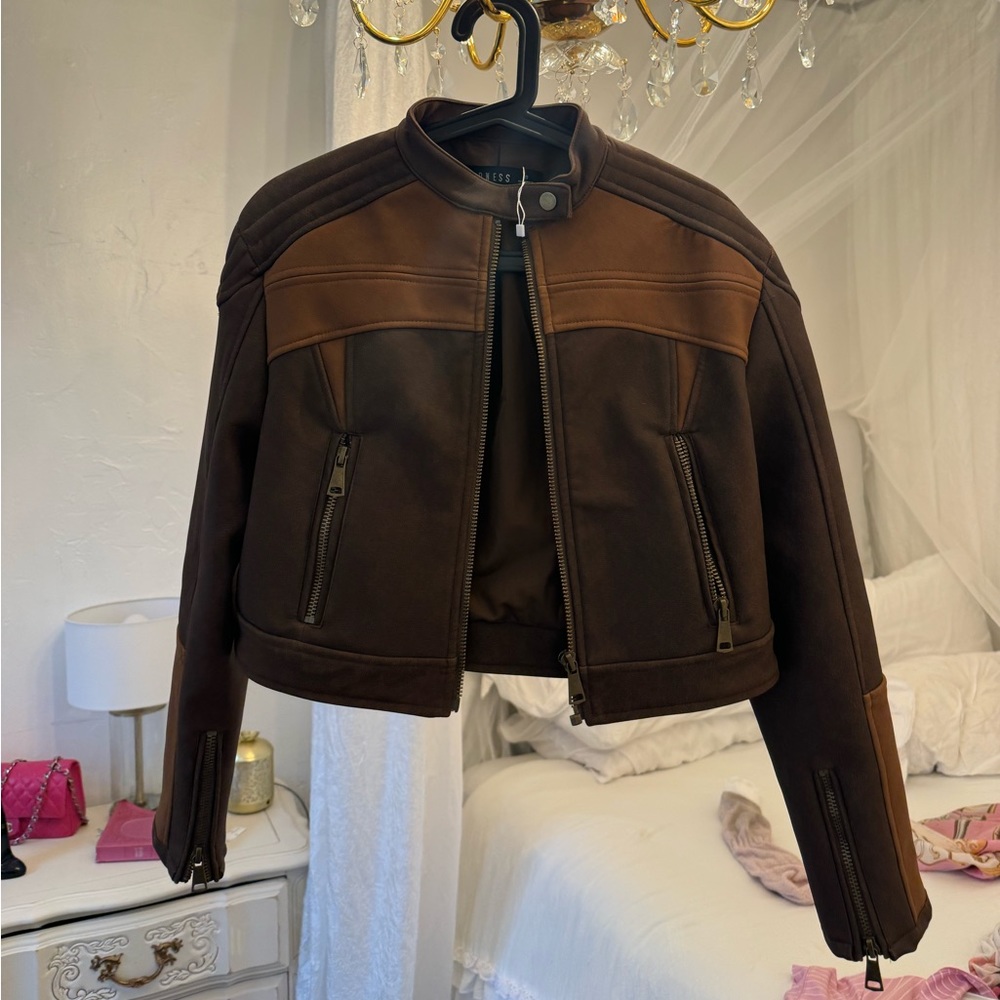 Brown cropped motorcycle jacket